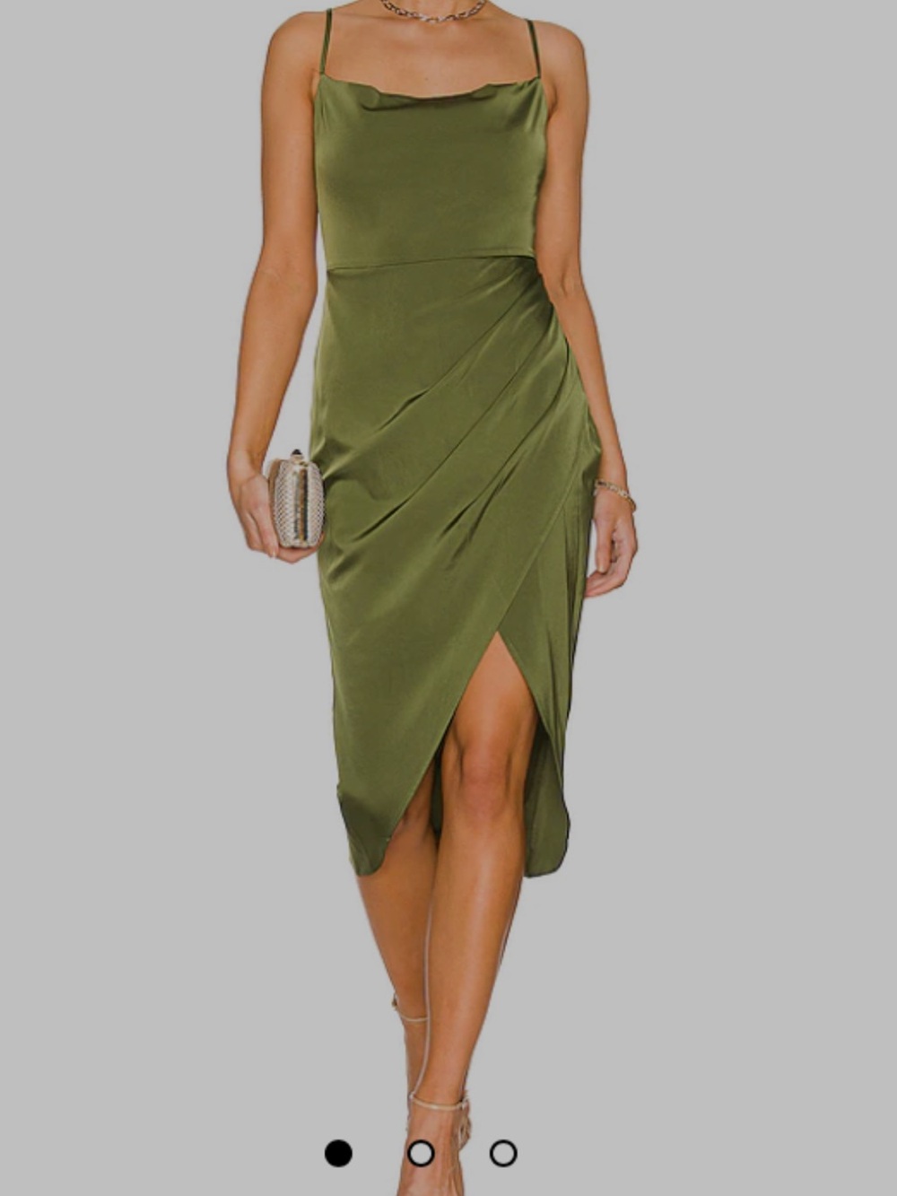 Olive Satin Cowl Neck Midi Slip Dress with Side Tulip Skirt